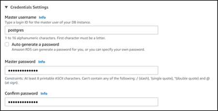 L'identité de connexion par défaut pour les informations d'identification sur la page Create database (Créer une base de données) est postgres.