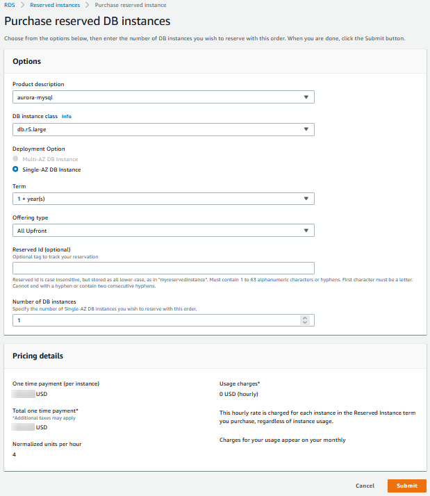 Console Acheter une instance de base de données réservée