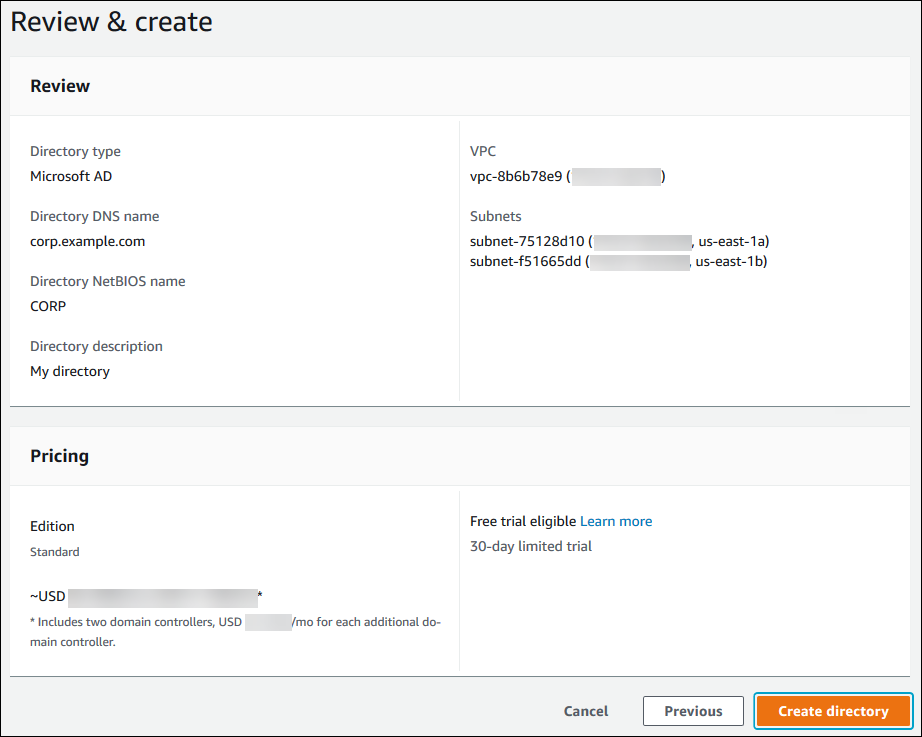 La fenêtre Réviser et créer lors de la création du répertoire dans la AWS Directory Service console.