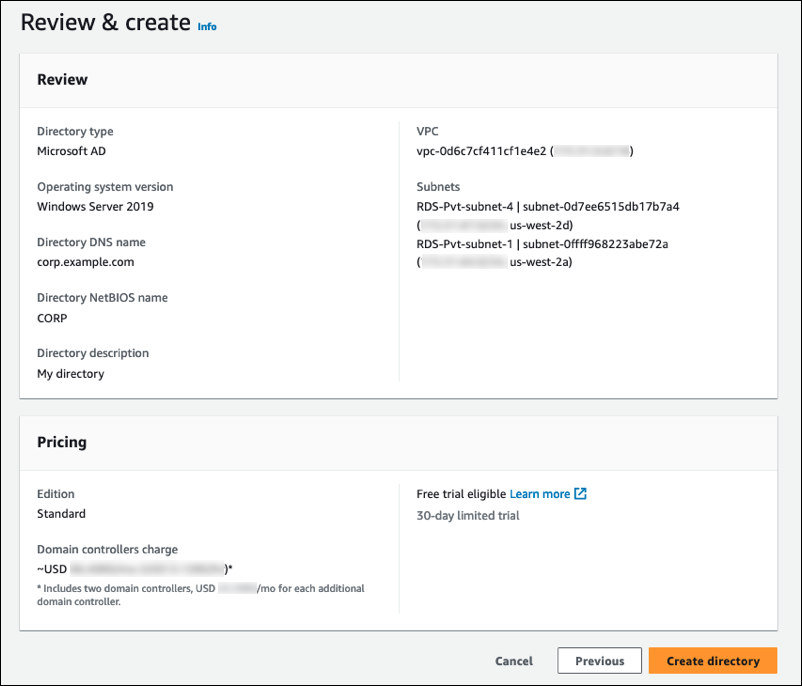 La fenêtre Réviser et créer lors de la création du répertoire dans la AWS Directory Service console.