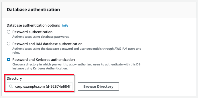 La section Authentification de base de données avec mot de passe et authentification Kerberos sélectionnée dans la console Amazon. RDS