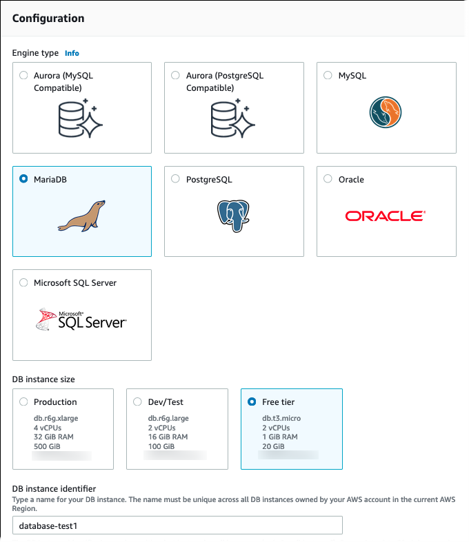 Page de création de base de données