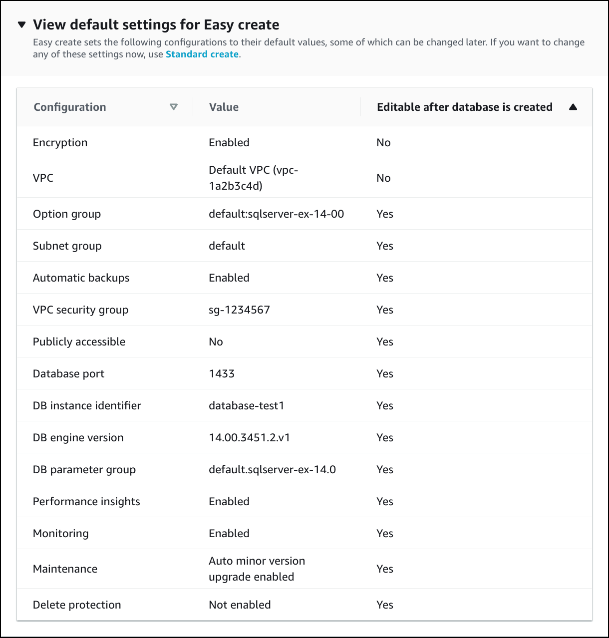 Paramètres par défaut de l'option Easy create (Création facile).