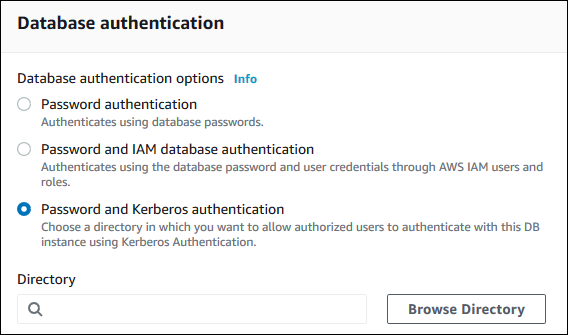 La section Authentification de base de données avec mot de passe et authentification Kerberos sélectionnée dans la console AmazonRDS.