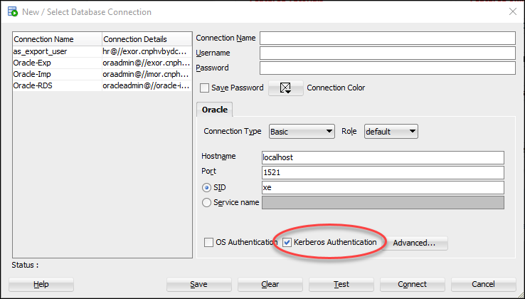 Affiche la boîte de dialogue Nouvelle/Sélection d'une connexion à la base de données dans Oracle SQL Developer. La case Authentification Kerberos est cochée.