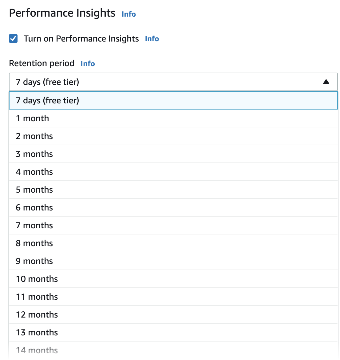 Choisissez une période de conservation pour vos données Performance Insights.