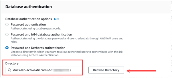 Choisissez Kerberos pour authentifier et identifier le répertoire à utiliser.