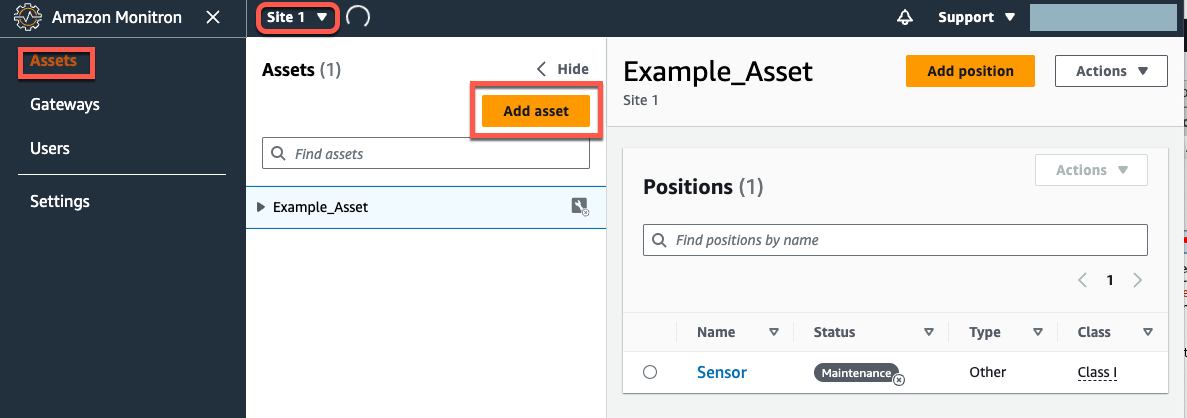 Amazon Monitron interface showing Assets page with Add asset button highlighted.