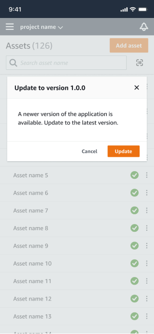 Mobile app interface showing assets list and update notification to version 1.0.0.