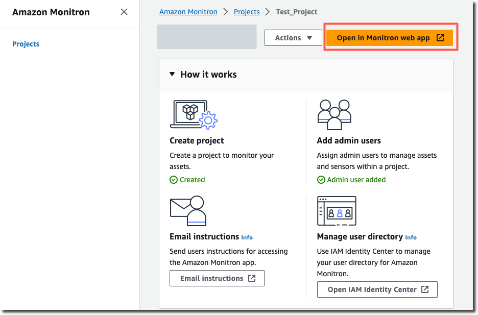 Amazon Monitron project setup steps: create project, add admin users, email instructions, manage directory.