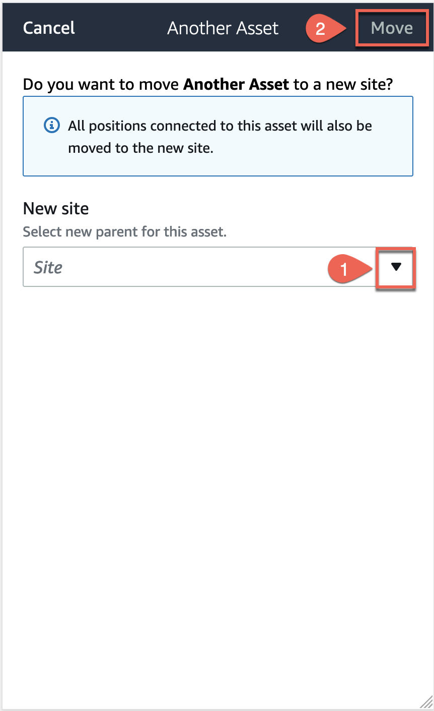 Dialog box for moving an asset to a new site with options to select and confirm the move.