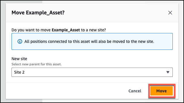 Dialog box for moving an asset to a new site, with options to select a new parent and confirm the move.