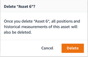 Confirmation dialog for deleting "Asset 6" with warning about data loss and Delete button.