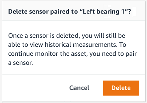 Dialog box confirming deletion of a sensor paired to "Left bearing 1" with Cancel and Delete options.