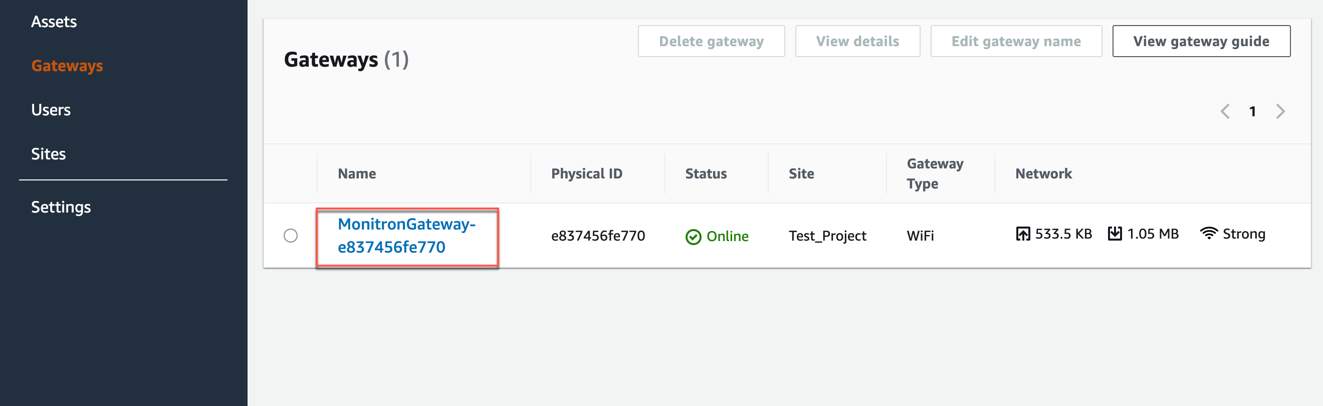 Gateway management interface showing one online WiFi gateway for Test_Project.