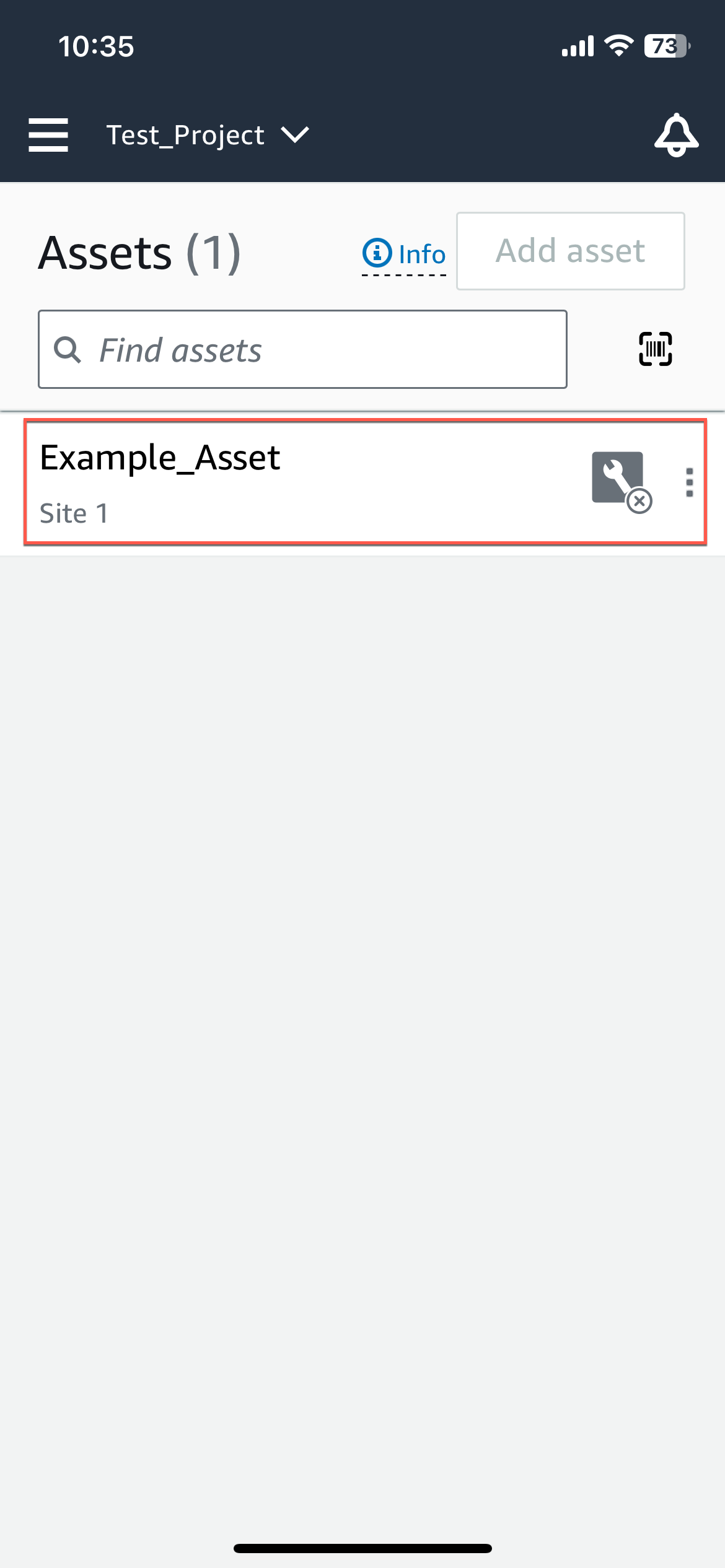 Assets page showing one example asset for Site 1 with options to add or find assets.