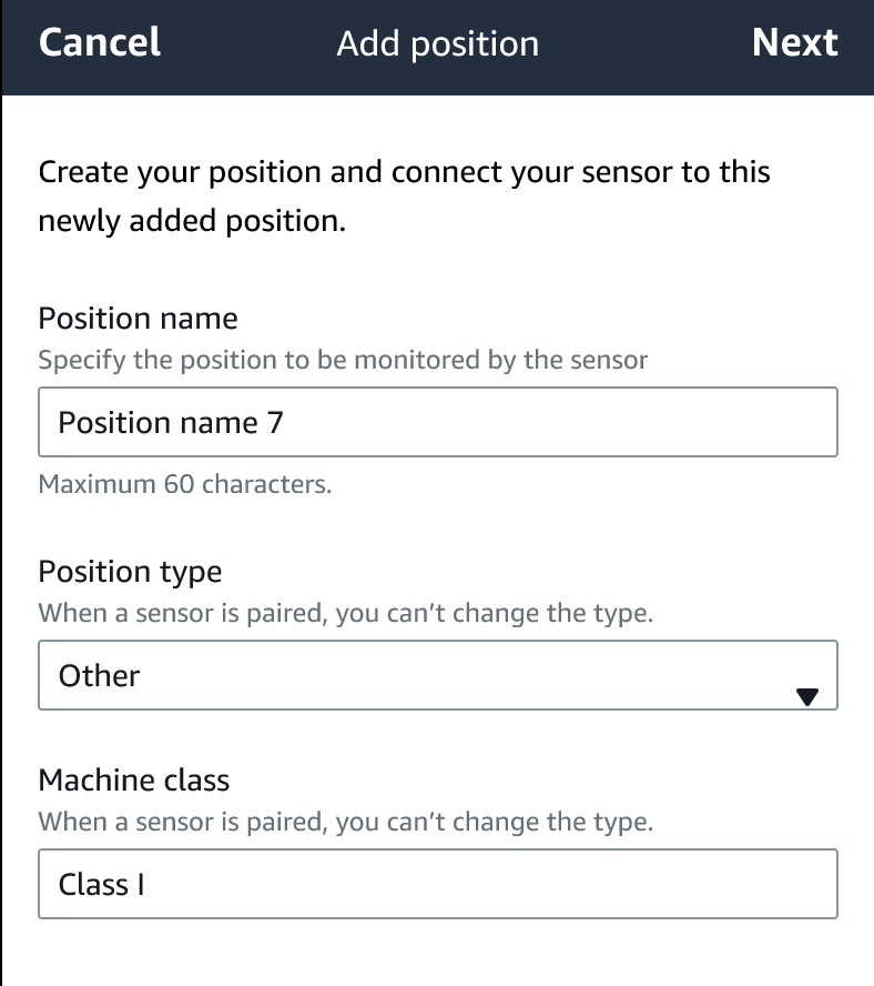 Dialog box for adding a position with fields for name, type, and machine class.