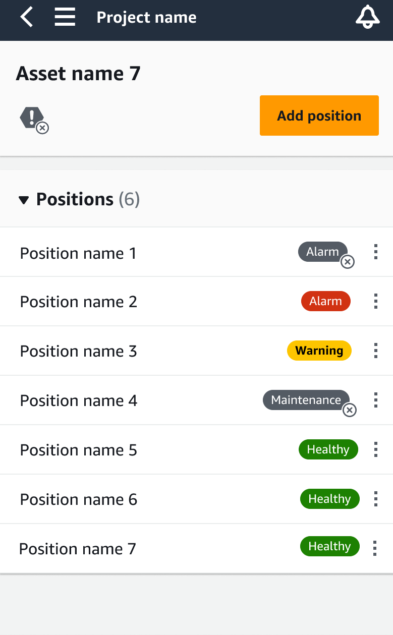 Asset management interface showing positions with various status indicators.