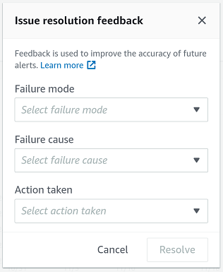 Issue resolution feedback form with dropdown fields for failure mode, cause, and action taken.