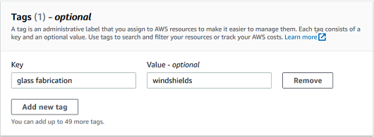 Tag management interface showing a key-value pair for "glass fabrication" and "windshields" with a Remove option.