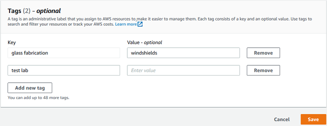 Tags interface showing key-value pairs for AWS resources, with options to add or remove tags.