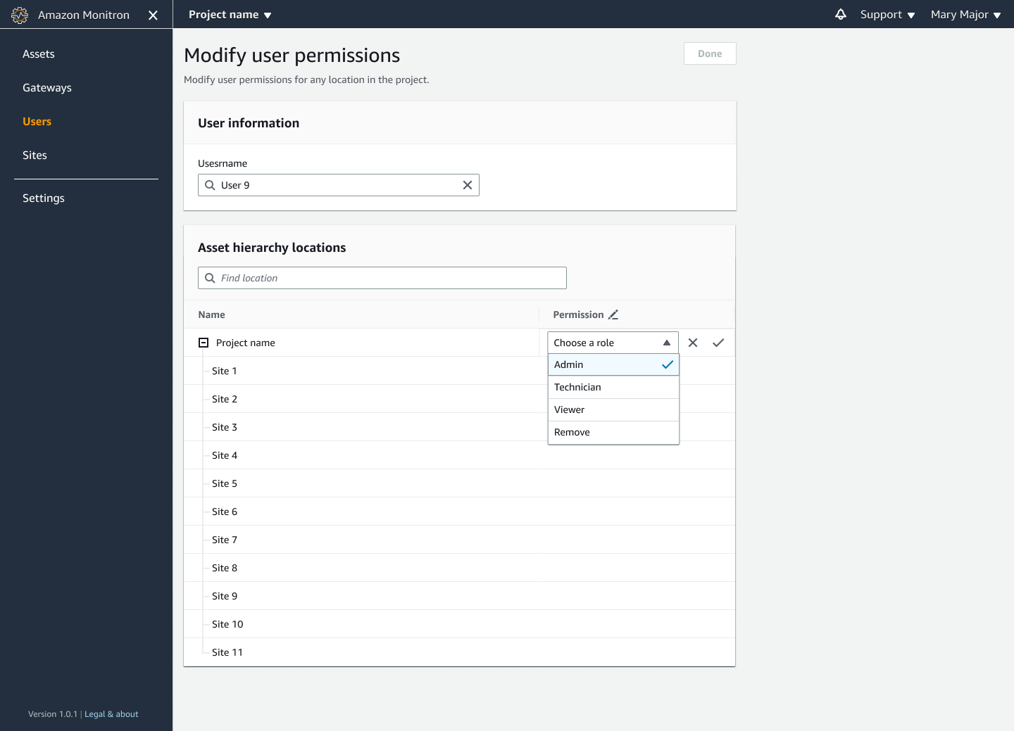 User permissions interface showing username search and asset hierarchy with role selection dropdown.