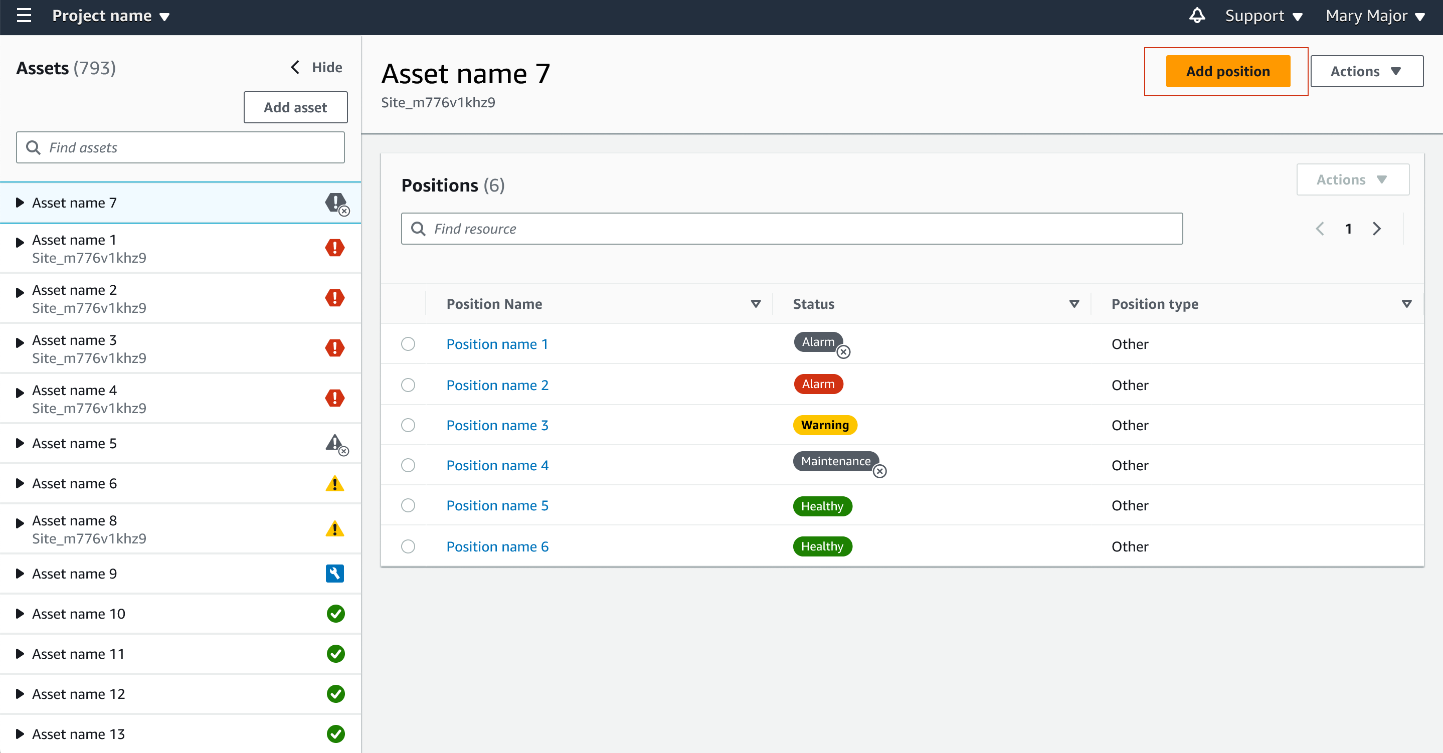 Asset management interface showing list of assets and positions with status indicators.