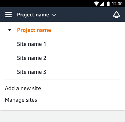 Mobile app interface showing project name dropdown with site options and management features.