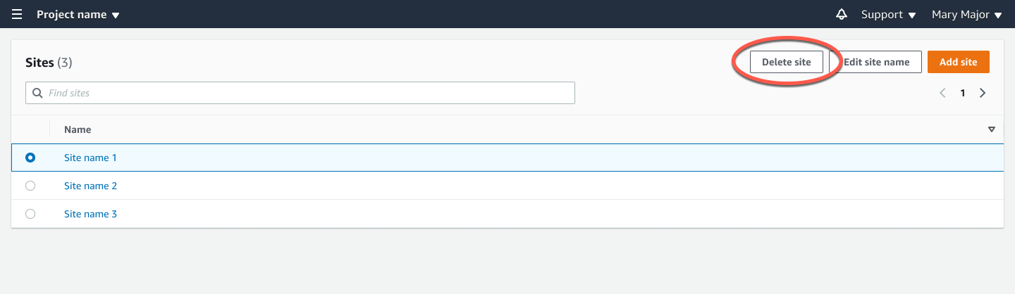 Sites management interface showing a list of three site names and options to delete, edit, or add sites.