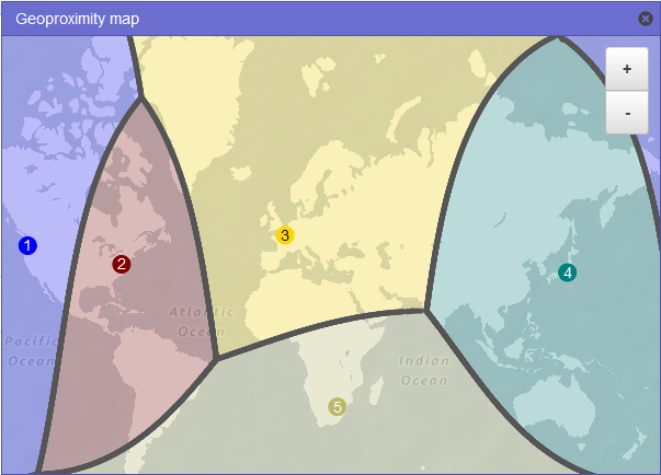 Une carte du monde qui montre comment le trafic est acheminé lorsque vous avez des enregistrements de géoproximité pour des ressources situées Régions AWS dans l'ouest des États-Unis (Oregon), dans l'est des États-Unis (Virginie du Nord), en Europe (Paris) et dans l'Asie-Pacifique (Tokyo), et que vous avez un enregistrement pour une ressource non liée à une AWS ressource à Johannesburg, en Afrique du Sud.