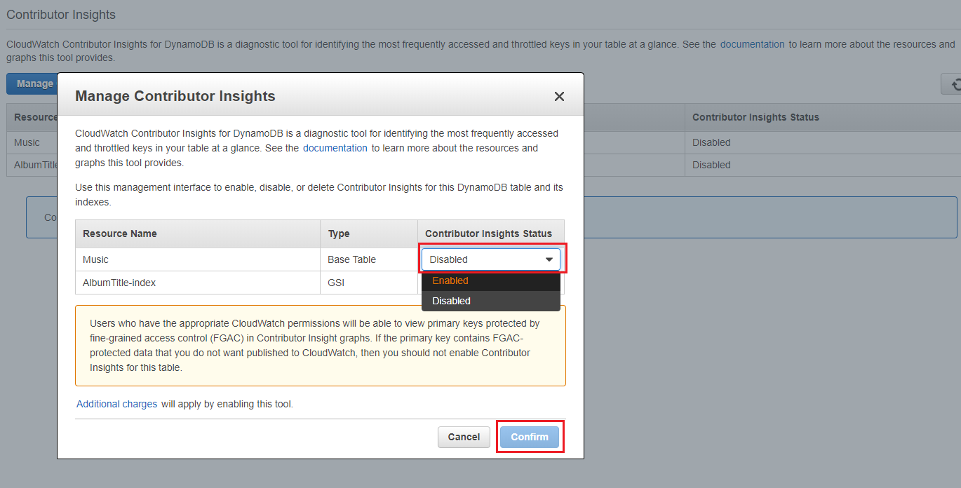 Capture d'écran de la console montrant les options de la liste d'états de Contributor Insights.