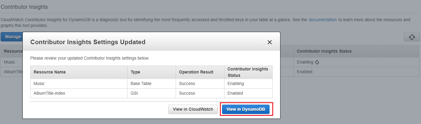 Capture d'écran de la console montrant le bouton Afficher dans DynamoDB dans les paramètres Contributor Insights.