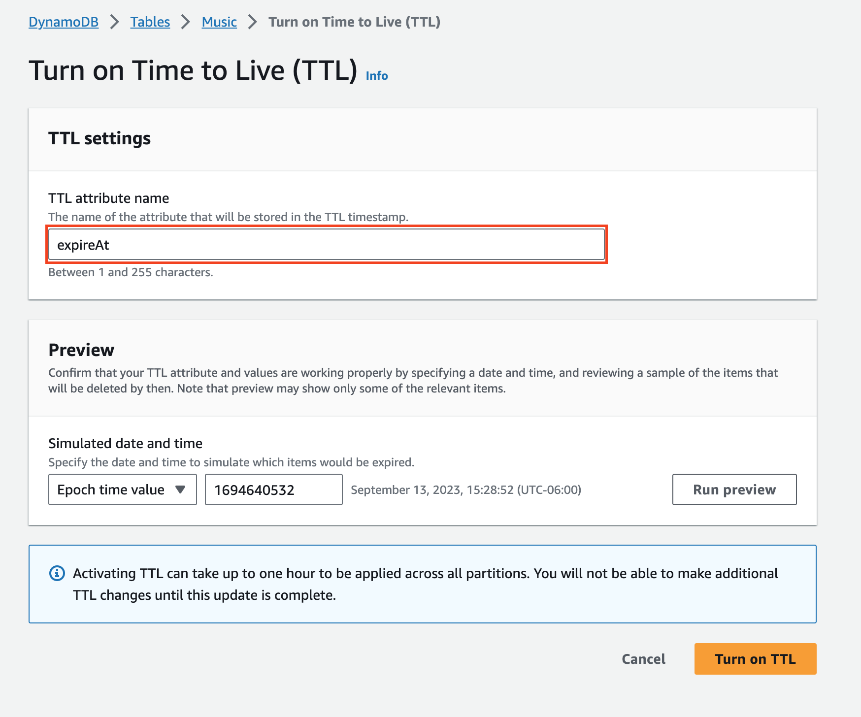 Nom TTL d'attribut distinguant majuscules et minuscules utilisé par DynamoDB pour déterminer l'éligibilité d'un élément à une date d'expiration.