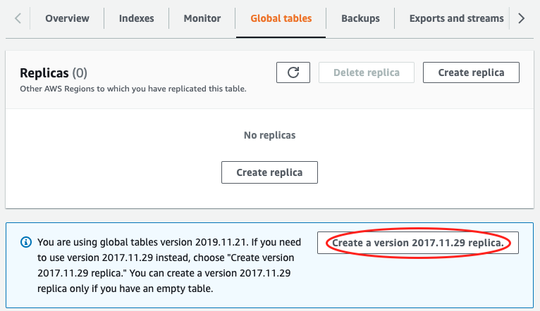 Capture d'écran de la console montrant le bouton Créer un réplica version 2017.11.29 (ancienne).