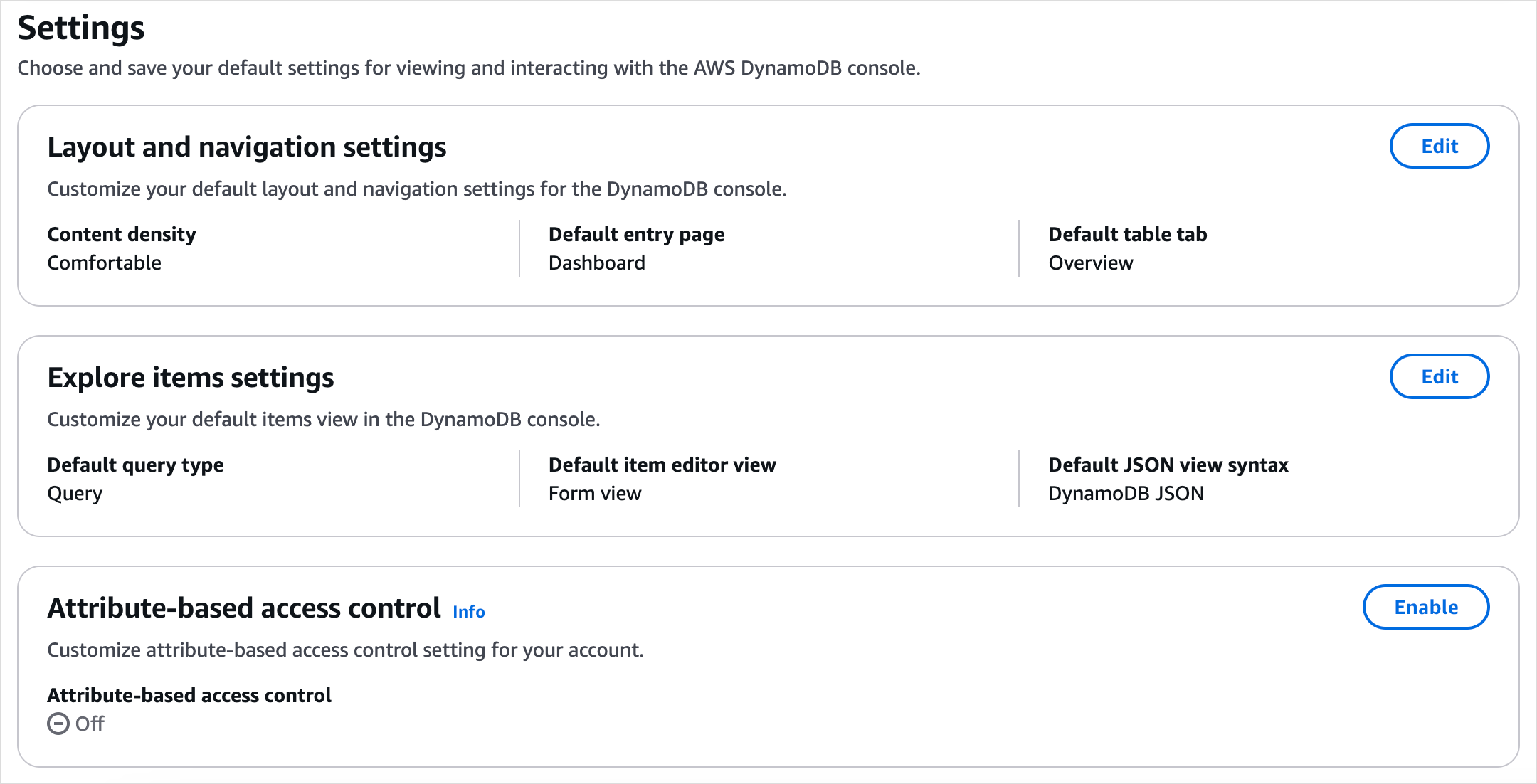 Page de paramètres de la console DynamoDB qui affiche la carte de contrôle d'accès basée sur les attributs.