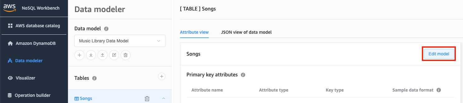 Capture d'écran de la console illustrant le lien Edit (Modifier) dans le modélisateur de données.