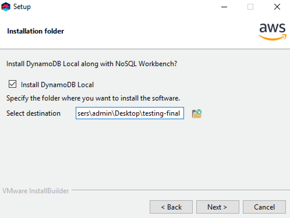 Écran de configuration pour configurer la destination d'installation locale de DynamoDB.