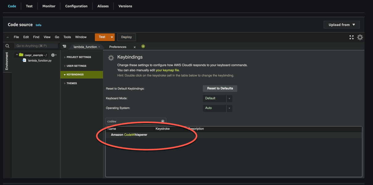 Keybindings settings in AWS Cloud9 IDE with Amazon CodeWhisperer option highlighted.