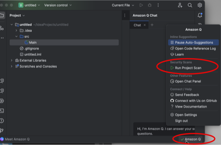 IntelliJ(a JetBrainsIDE) avec des cercles rouges indiquant « Amazon Q » en bas de la fenêtre, et la barre des tâches Amazon Q indiquant « Run Project Scan » comme choix