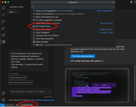 Visual Studio Codeavec des cercles rouges indiquant « Amazon Q » en bas de la fenêtre, et la barre des tâches Amazon Q indiquant « Run Project Scan » comme choix