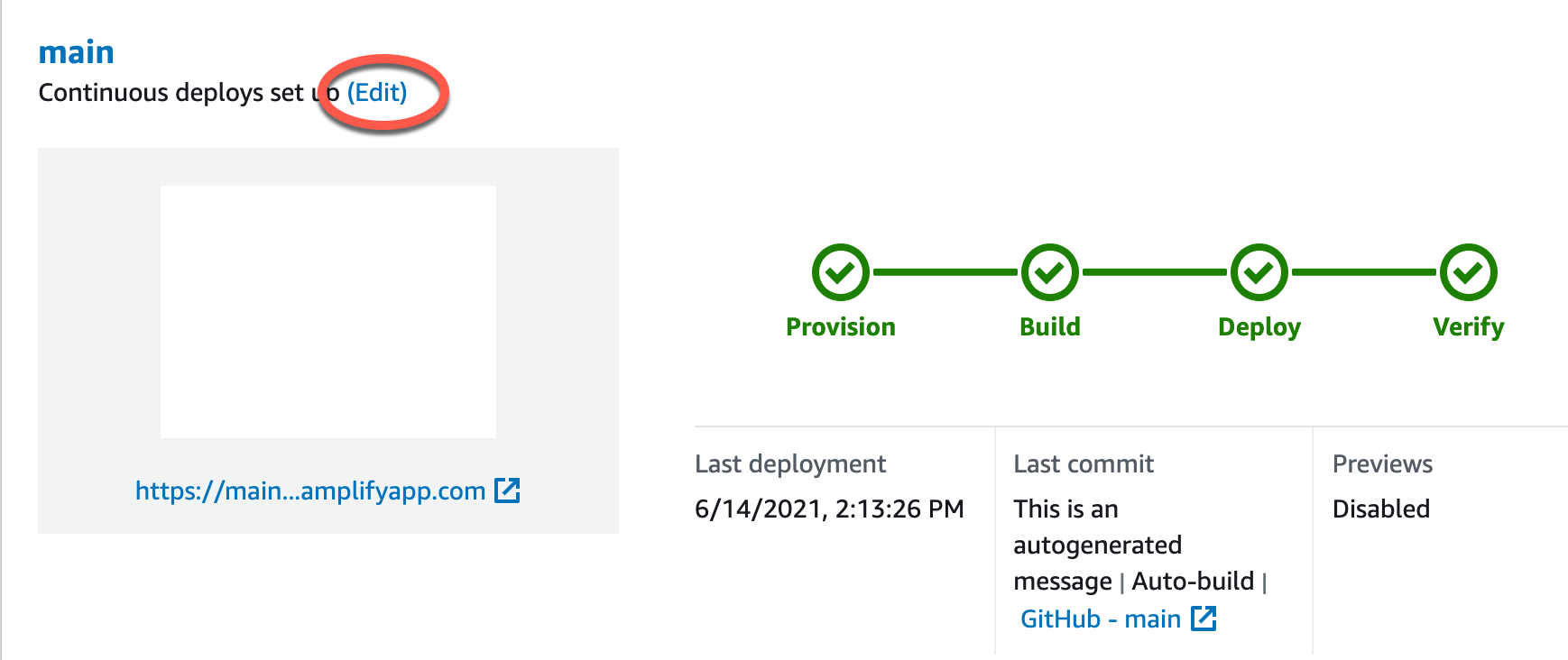 Emplacement du lien Modifier pour une branche dans la console Amplify.