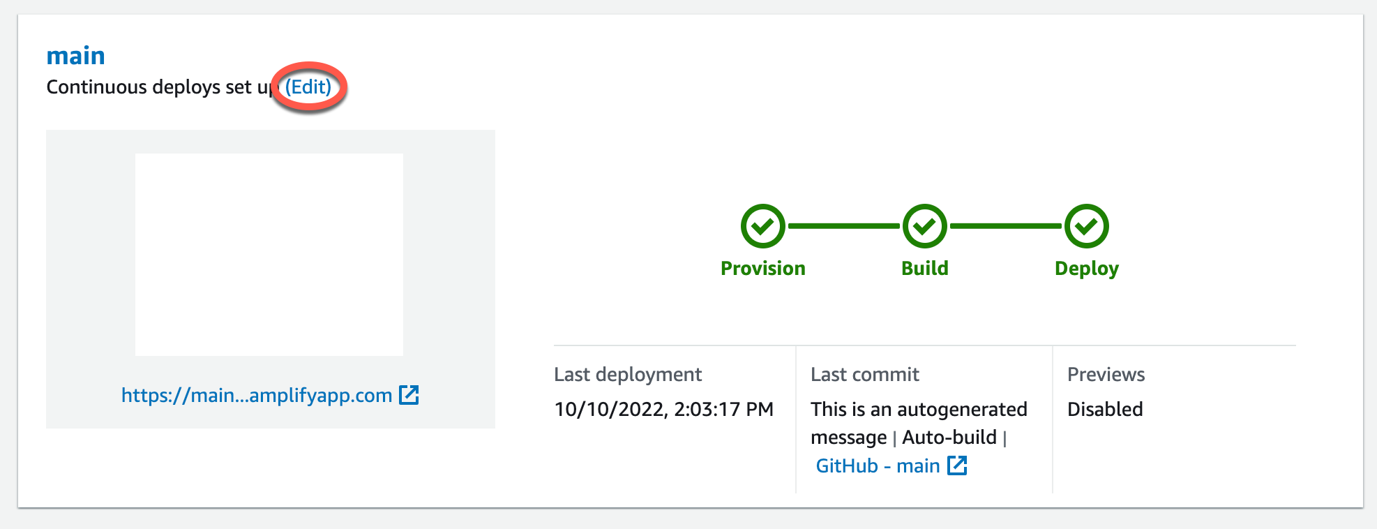 Emplacement du lien Modifier pour une branche dans la console Amplify.