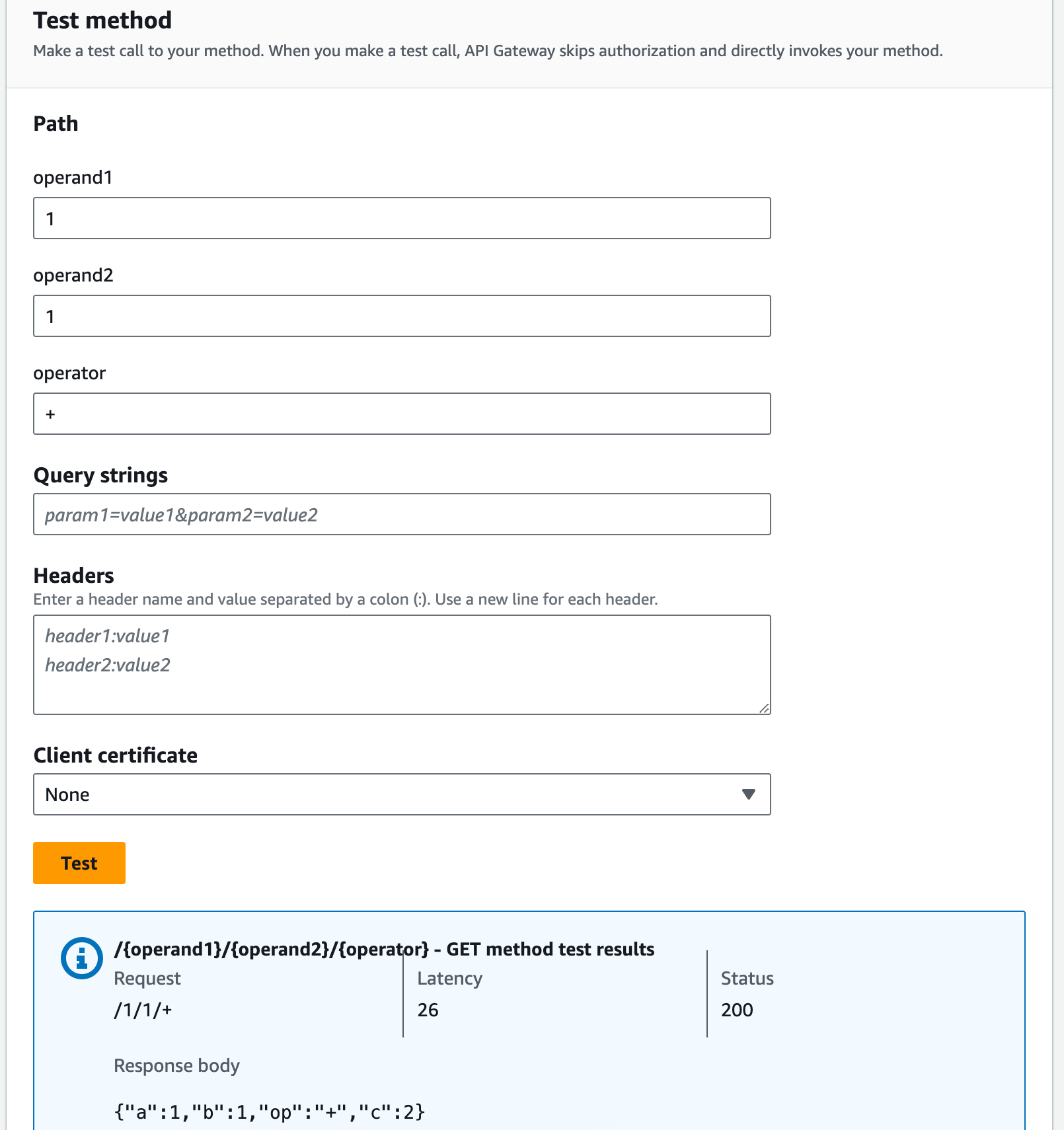 Testez la GET méthode dans la console API Gateway.