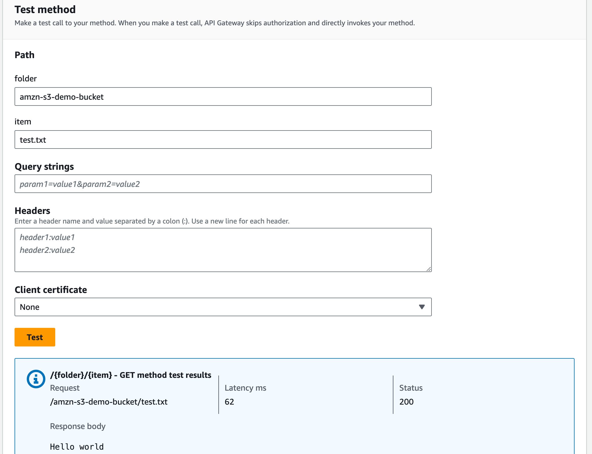 Testez la GET méthode pour créer un compartiment Amazon S3.