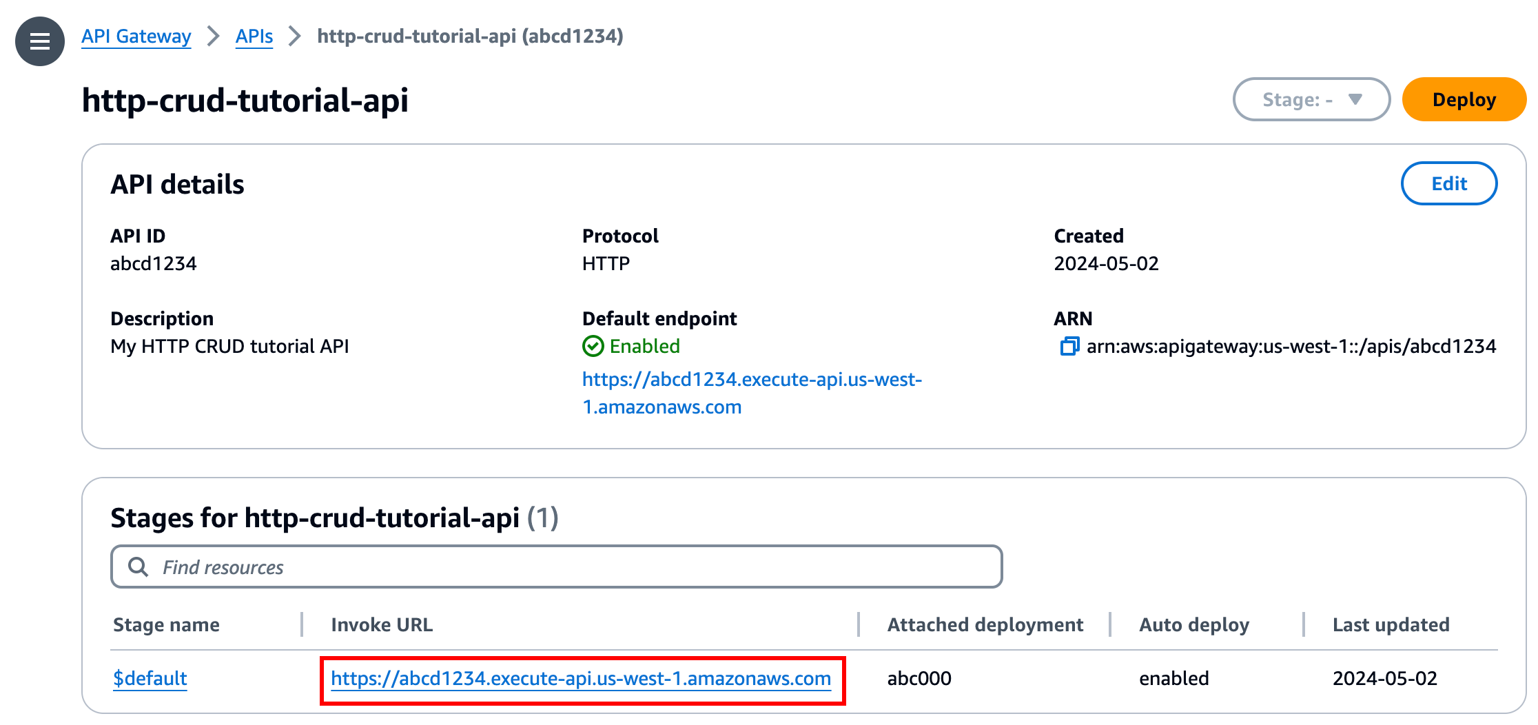 Une fois que vous avez créé votre API, la console affiche l’URL d’appel de votre API.