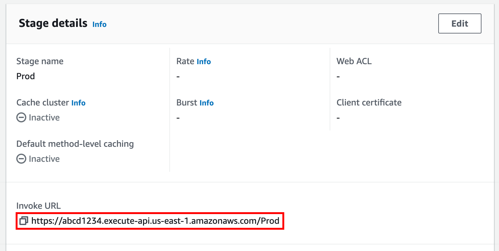 Une fois que vous avez créé votre API REST, la console affiche l'URL d'invocation de votre API.