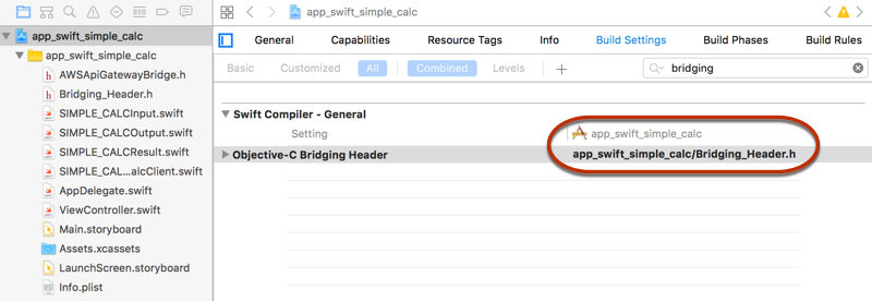 Définissez le chemin du fichier Bridging_Header.h sous Compilateur Swift - Général.