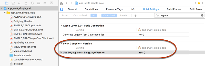 Définissez la propriété Version héritée du langage Swift sur Oui.