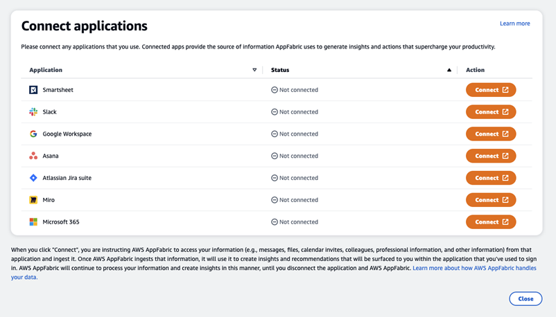 List of applications to connect, including Smartsheet, Slack, and Google Workspace, all showing as not connected.