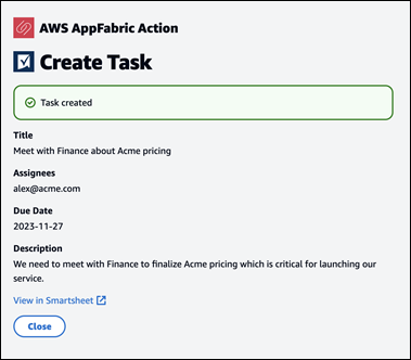 AWS AppFabric Action interface showing a successfully created task with details.